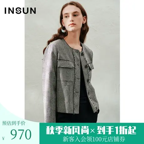 恩裳2023春季新款简约肌理感直身廓形毛边门襟设计短外套商品大图