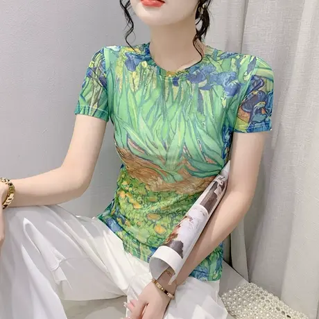 气质网纱T恤女短袖夏季2023新款时尚漂亮印花上衣修身圆领小衫潮商品大图