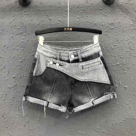 复古辣妹拼接高腰牛仔短裤欧货潮2023女夏新款撞色高腰a字阔腿裤商品大图