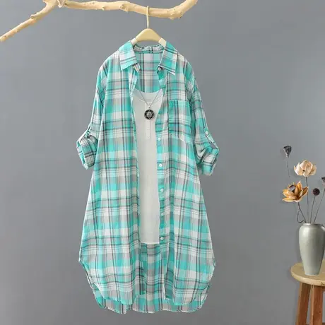 中长款格子长袖薄款防晒衬衫女夏装新品外出防晒衣开衫沙滩服外套商品大图