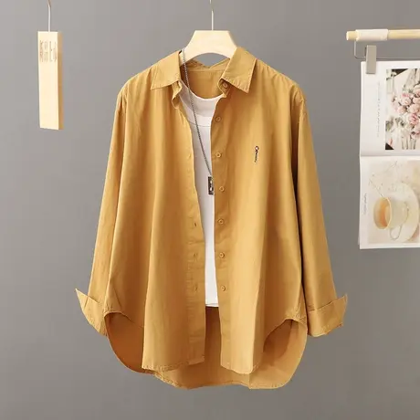 复古港风黄色衬衫外套女薄款春秋2023新款休闲宽松显瘦中长款上衣图片