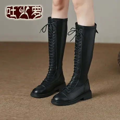 吐火罗2022秋冬新款长筒靴简约百搭骑士靴圆头弹力靴粗跟瘦瘦靴商品大图