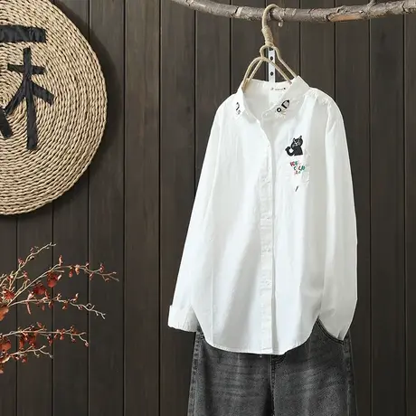 枫谜2022年秋装新款卡通刺绣猫咪长袖衬衫女宽松翻领白色休闲衬衣图片