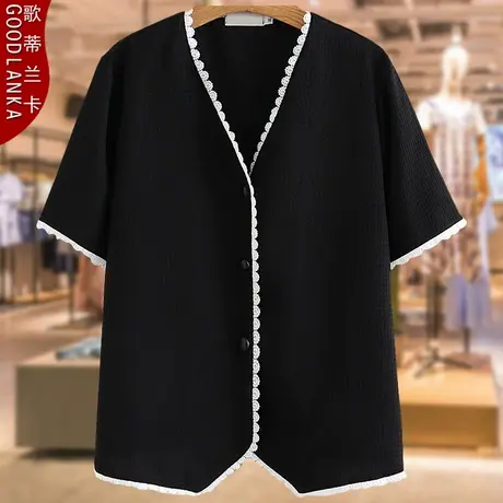 中年女士短袖开衫上衣妈妈夏季新款小衫加肥加大码女装蕾丝边t恤商品大图