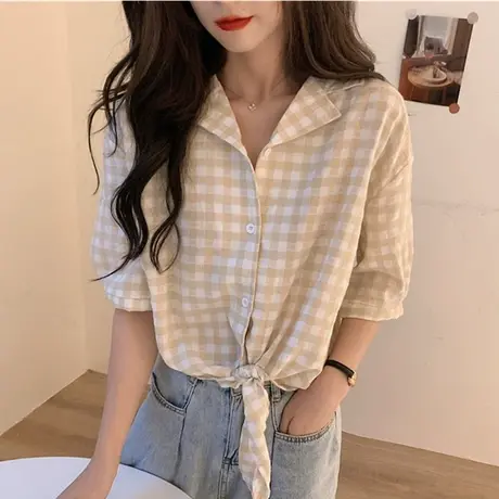 格子衬衫女港风短袖韩版宽松复古设计感小众轻熟洋百搭法式上衣图片