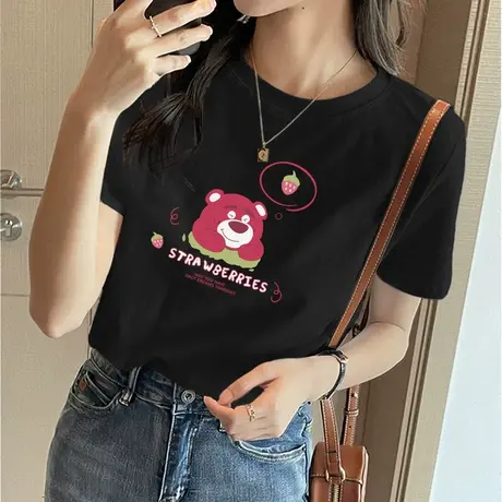 夏季女士印花短袖草莓熊宽松t恤女纯棉上衣2023年夏装新款体恤衫图片