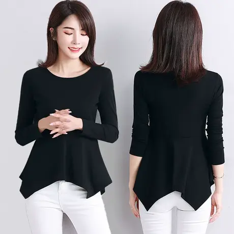 黑色不规则裙摆上衣女春季时尚个性掐腰设计感荷叶边打底收腰体恤图片