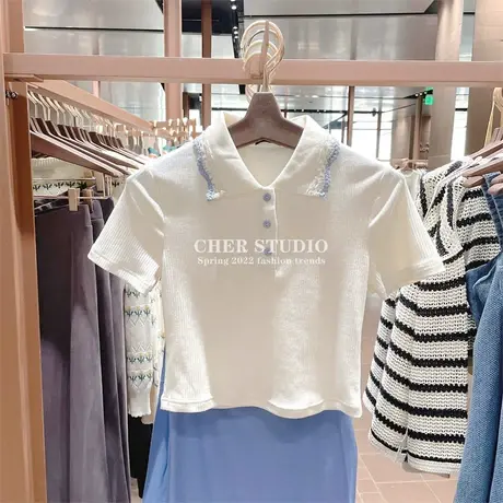 女装 2022夏季青春新款白色Polo领短袖T恤上衣WL09R4MN2000商品大图