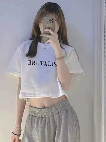 设计感小众正肩圆领短袖T恤女夏ins潮短款高腰露脐修身显瘦上衣服图片