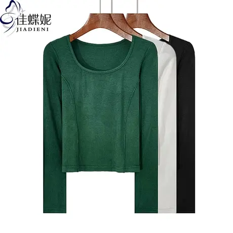 秋冬新款韩版圆领修身短款纯欲纯棉纯色拼接长袖体恤上衣女打底衫商品大图