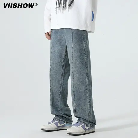 VIISHOW牛仔裤男春秋宽松高街垂感直筒裤潮牌美式复古拼接阔腿裤商品大图