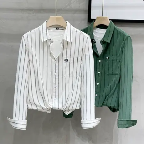 男士衬衣长袖条纹商务高级感修身潮流纯棉衬衫男长袖春秋季新款商品大图