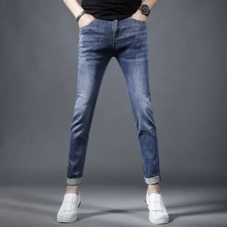 2023夏季新款牛仔裤男修身小脚潮牌蓝色水洗弹力百搭男士薄款裤子商品大图