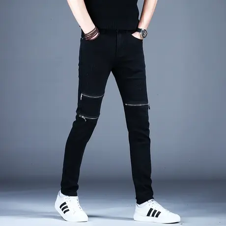 黑色拉链拼接牛仔裤男款修身小脚裤子2023新款秋款季机车男裤刮烂商品大图