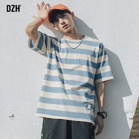 男生条纹t恤男短袖潮牌美式宽松夏季半袖百搭体恤衫男装2023新款商品大图