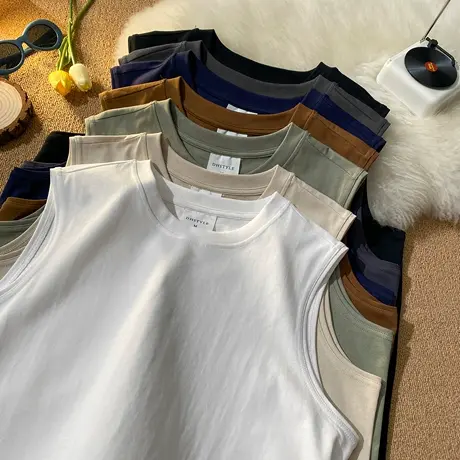 美式高克重磅运动背心男夏季潮牌宽松无袖坎肩纯棉健身短袖t恤男图片