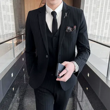 西服套装男士三件套秋冬商务休闲西装青年条纹伴郎服新郎结婚礼服商品大图
