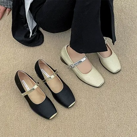 法式粗跟小香风玛丽珍配裙子单鞋女鞋子2023年新款春秋方头小皮鞋商品大图