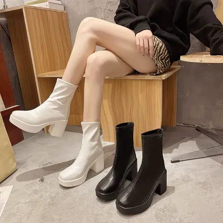 显腿长瘦瘦靴女2023秋季新款女人味复古气质时尚粗跟短筒靴高跟靴图片