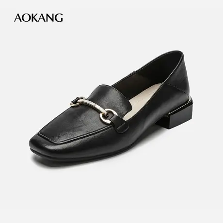 【门店发货】奥康女鞋 春秋款黑色舒适单鞋懒人一脚蹬通勤小皮鞋商品大图