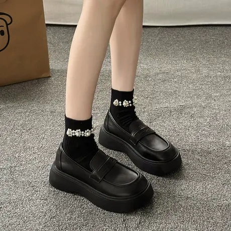 厚底小皮鞋女2024春秋新款百搭英伦风复古软底学院风一脚蹬乐福鞋商品大图