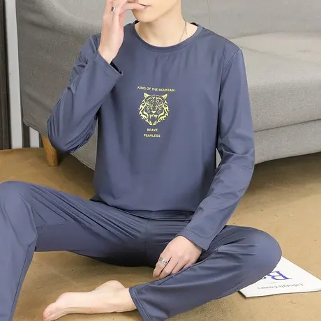 男士家居服睡衣套装冰丝棉长袖居家服加肥加大码宽松薄款学生男装商品大图