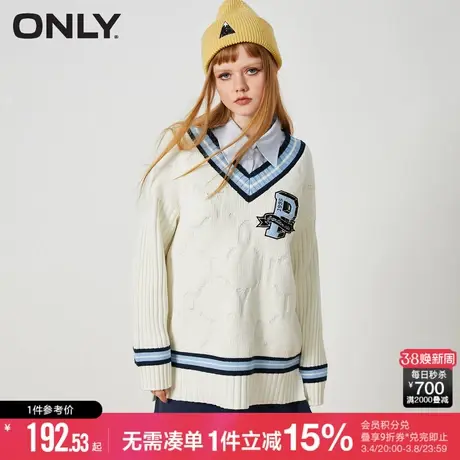 ONLY春秋学院风底摆开叉圈绒刺绣V领针织衫女|122413019图片