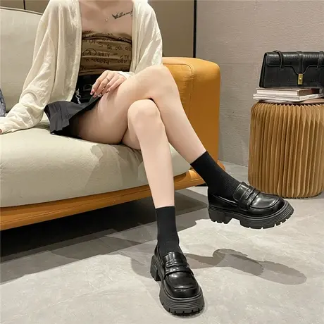 厚底乐福鞋女2024春季新款百搭粗跟黑色小皮鞋复古英伦风松糕单鞋商品大图