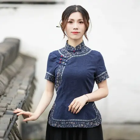 筠雅唐装女中国风改良旗袍上衣夏季短袖棉麻收腰显瘦复古时尚外套商品大图