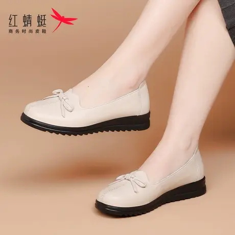 红蜻蜓女鞋春季浅口白色中年软底妈妈鞋一脚蹬牛皮懒人单鞋女真皮图片