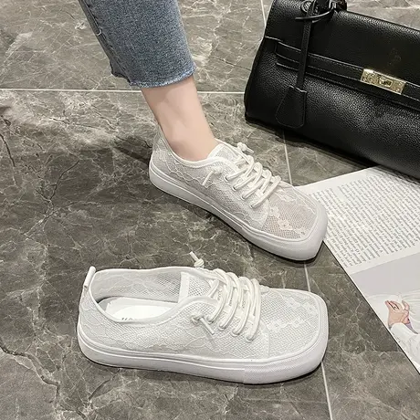欧美方头帆布鞋女鞋复古港味2021春季新款软底网纱纯色休闲小白鞋商品大图