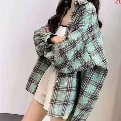 时髦小众磨毛绿格子衬衫女2023春新款时尚宽松别致上衣打底衫衬衣商品大图