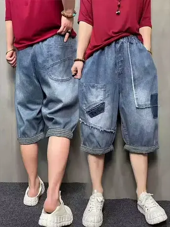 欧货撞色毛边拼接五分牛仔裤女胖mm宽松大码遮肉显瘦洋气六分中裤图片