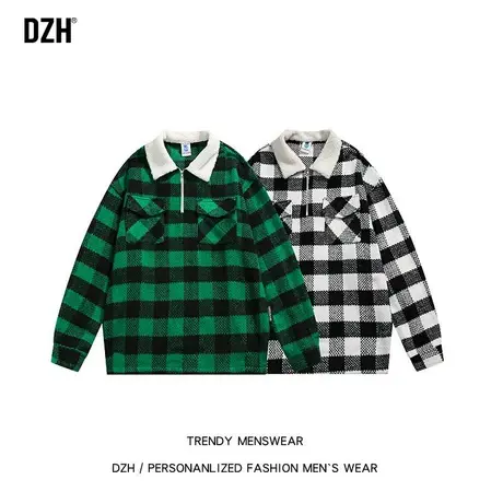 男士格子外套男春秋季休闲男装2023新款宽松上衣半拉链翻领夹克男图片