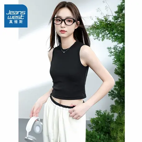 KMV真维斯黑色圆领短款背心2025夏季新款休闲舒适高弹百女款上衣图片