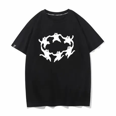 牵手小猫派对男女同款衣服夏季纯棉短袖T恤打底衫半袖宽松情侣装商品大图