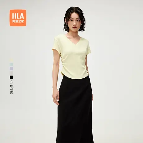 HLA/海澜之家休闲时尚短袖T恤2025春夏季新款V领微弹打底上衣女装商品大图