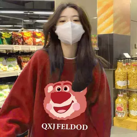 秋冬加绒圆领卫衣女卡通减龄oversize宽松大码加厚ins潮长袖上衣商品大图