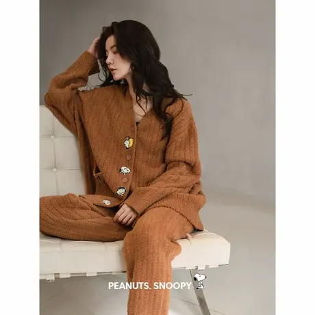 贝妍史努比睡衣女秋冬新款性感开衫家居服时尚少女保暖半边绒套装图片