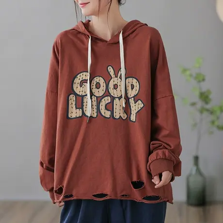 dza 复古印花纯棉连帽卫衣女士2023春秋新款宽松套头休闲长袖上衣商品大图