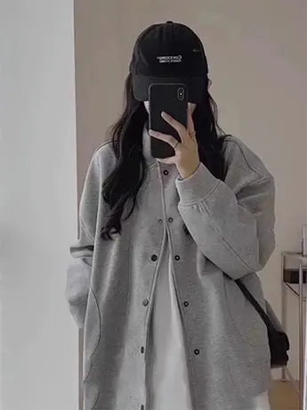 棒球服开衫卫衣女秋冬2023爆款美式复古小个子慵懒风宽松长袖外套商品大图
