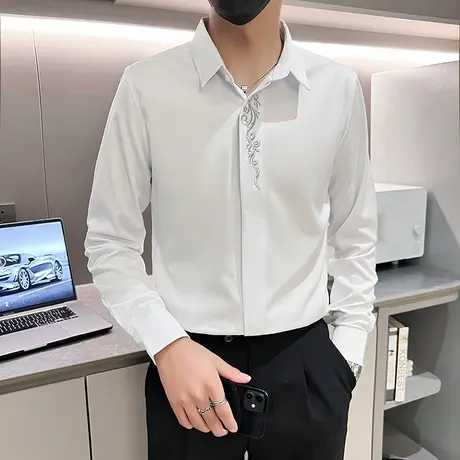 2023秋季长袖衬衫男个性修身ins潮流刺绣痞帅发型师时尚内搭衬衣商品大图