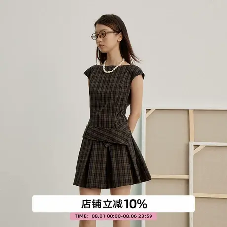 omont蛋挞家 复古格纹一字领连衣裙夏季设计感收腰显瘦百褶裙短裙商品大图