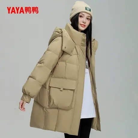YAYA鸭鸭羽绒服女冬季新款连帽中长款设计感宽松休闲气质黑色外套商品大图