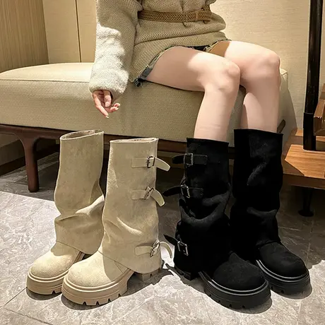 中筒马丁靴女款2025新款秋季厚底西部牛仔靴子裤管堆堆高筒骑士靴图片