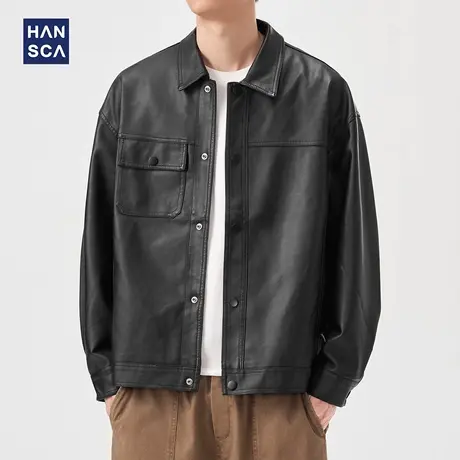 hansca秋季机车皮衣外套男2025新款美式复古宽松贴袋翻领工装夹克商品大图