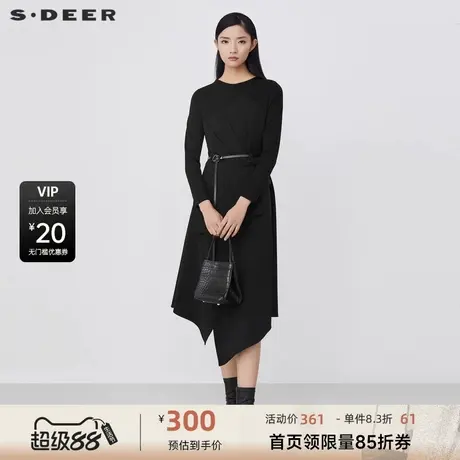 sdeer圣迪奥女装圆领拼接收腰不规则长袖连衣裙S21481222图片