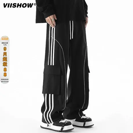 VIISHOW春秋新款美式复古侧边条纹工装裤男女直筒三条杠休闲裤子商品大图