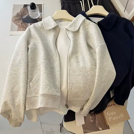 双拉链开衫Polo领长袖卫衣女春秋季薄款宽松韩版百搭短款上衣外套商品大图