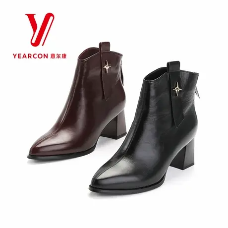 意尔康女靴2025新款秋冬季真皮短靴女尖头粗跟靴子高跟短筒时装靴图片